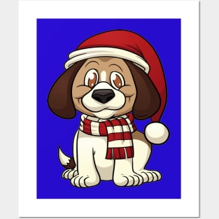 Cute cartoon puppy wearing a Christmas hat Posters and Art